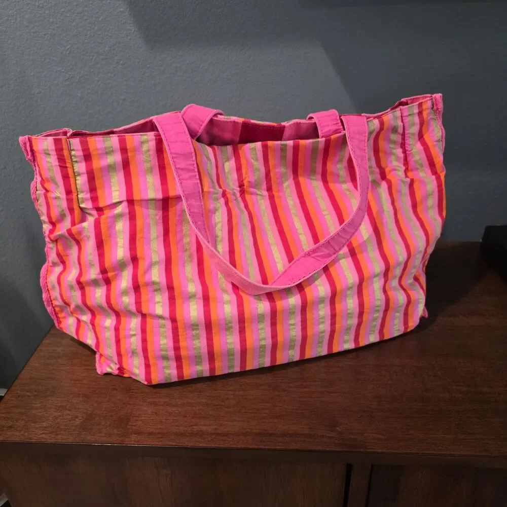 Victoria's Secret 2009 Hot Pink Striped Logo Canvas Tote Bag Reversable 18x13